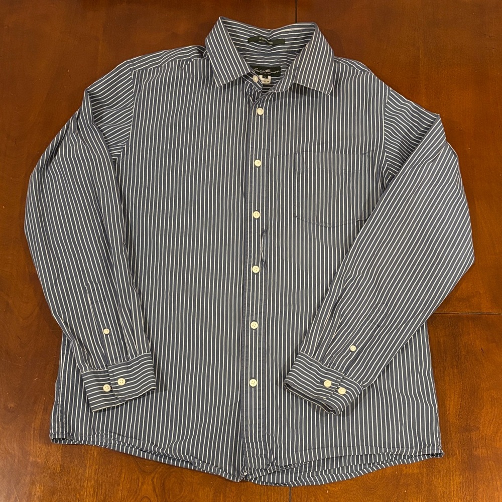 Eddie Bauer Men's Blue/Grey and White‎ Striped Shirt